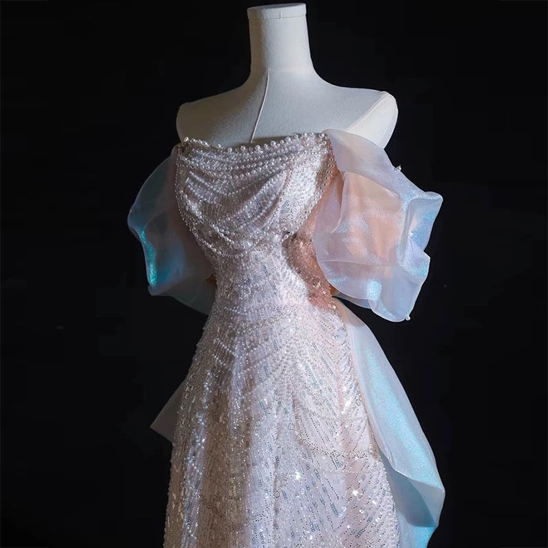Modest A-Line Off The Shoulder Pink Sequin Long Floor Length Pearls Prom Dress