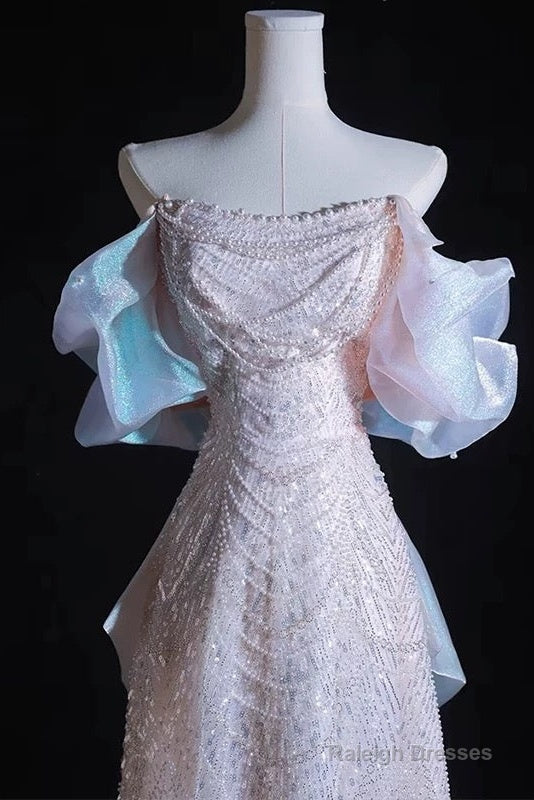 Modest A Line Off The Shoulder Pink Sequin Long Floor Length Pearls Prom Dresses