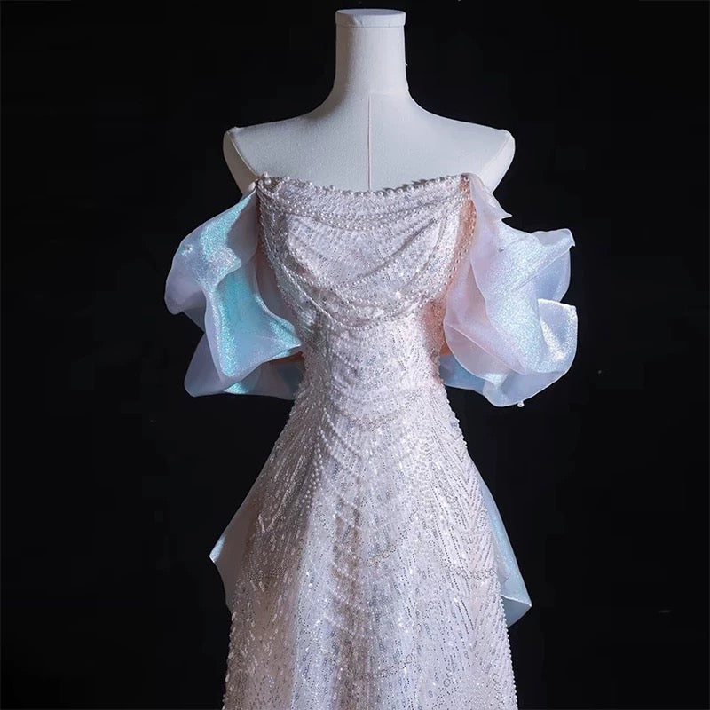 Modest A-Line Off The Shoulder Pink Sequin Long Floor Length Pearls Prom Dress