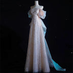 Modest A-Line Off The Shoulder Pink Sequin Long Floor Length Pearls Prom Dress