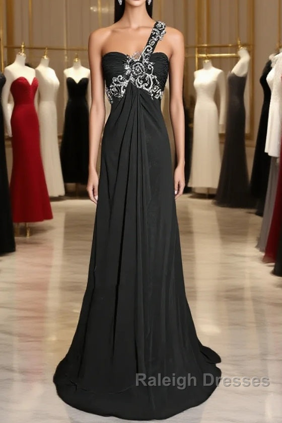 Modest A-Line One Shoulder Gray Chiffon Prom Dresses Long Prom Dresses