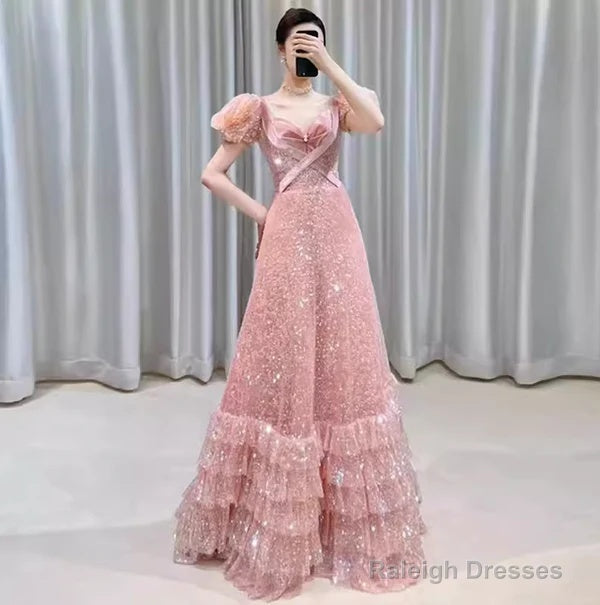 Modest A Line Pink Short Sleeves Sequin Ruffles Long Prom Dresses Pp1007