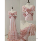 Modest A-Line Pink Short Sleeves Sequin Ruffles Prom Dress Long Pp1007