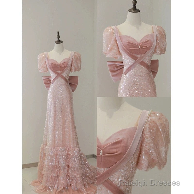 Modest A-Line Pink Short Sleeves Sequin Ruffles Prom Dress Long Pp1007