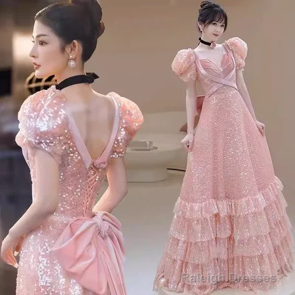 Modest A Line Pink Short Sleeves Sequin Ruffles Long Prom Dresses Pp1007