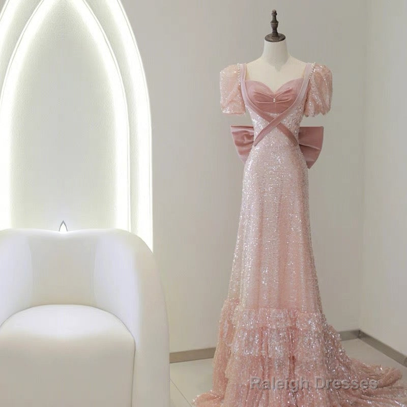 Modest A-Line Pink Short Sleeves Sequin Ruffles Prom Dress Long Pp1007 Main image