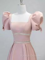 Modest A-Line Short Sleeves Long Pink Prom Dresses