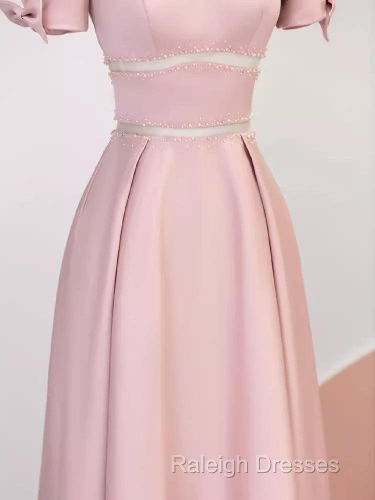 Modest A-Line Short Sleeves Long Pink Prom Dresses
