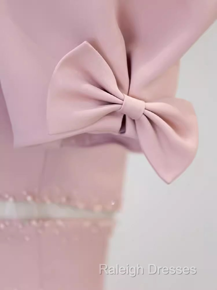 Modest A-Line Short Sleeves Long Pink Prom Dresses