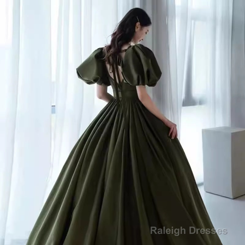 Modest A-Line Short Sleeves Long Senior Green Prom Dresseses