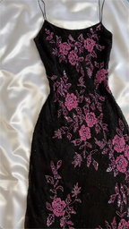 Modest A-Line Spaghetti Straps Black Sequin Prom Dresses Prom Dresses With Flower Beads