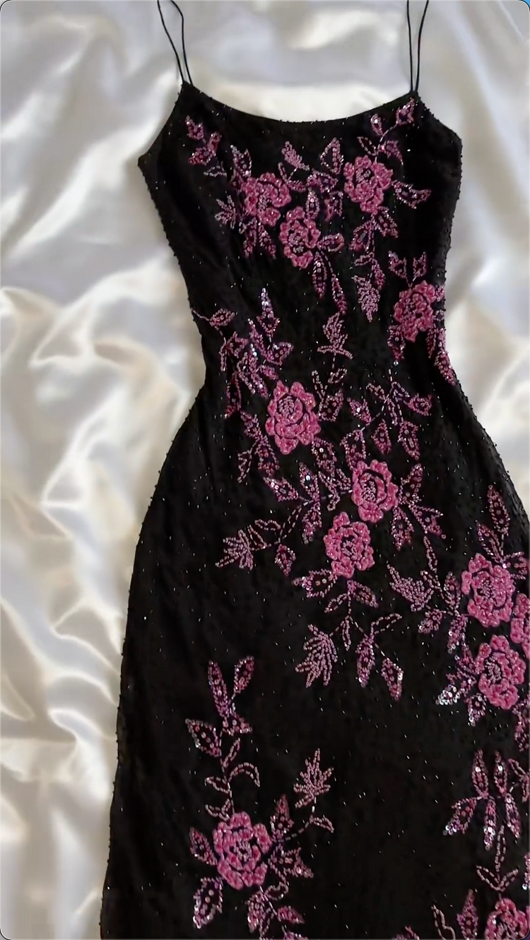 Modest A-Line Spaghetti Straps Black Sequin Prom Dresses Prom Dresses With Flower Beads