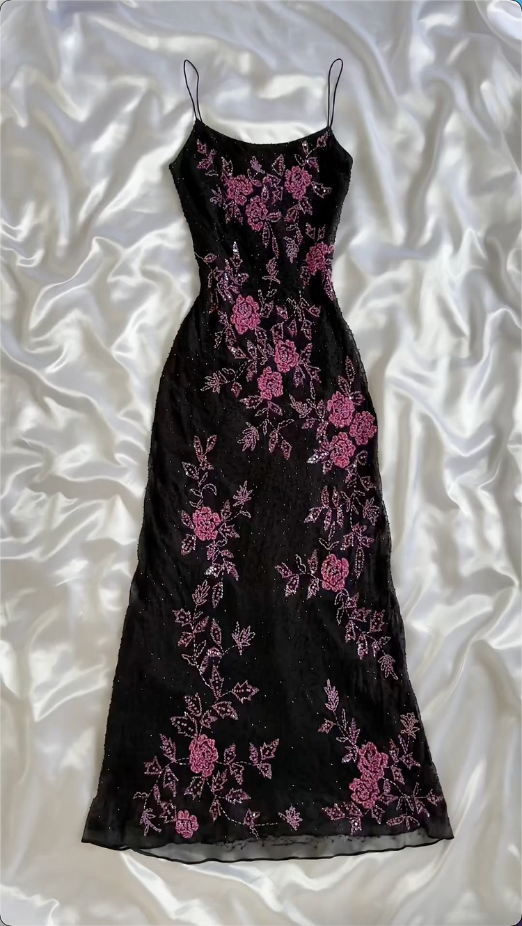 Modest A-Line Spaghetti Straps Black Sequin Prom Dresses Prom Dresses With Flower Beads