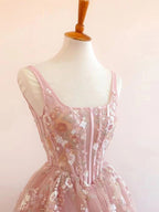 Modest A-Line Square Neckline Sleeveless Pink Floral Lace Floor Length Prom Dress