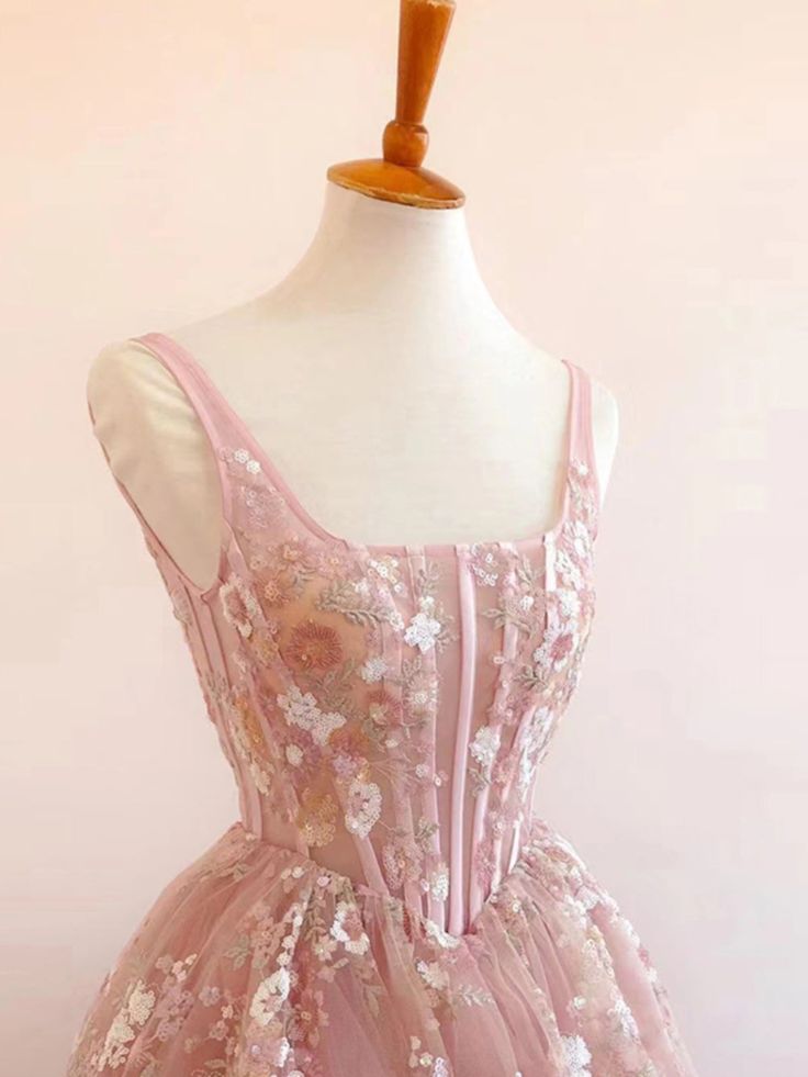 Modest A-Line Square Neckline Sleeveless Pink Floral Lace Floor Length Prom Dress