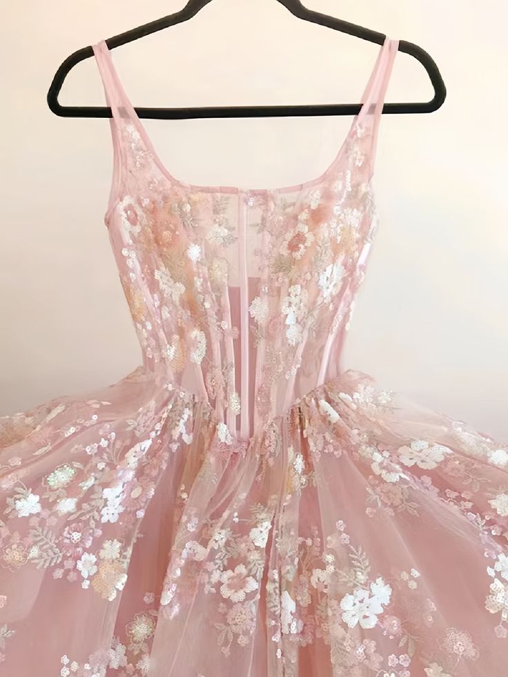 Modest A-Line Square Neckline Sleeveless Pink Floral Lace Floor Length Prom Dress