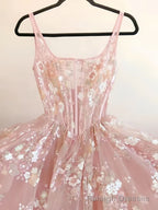 Modest A line Square Neckline Sleeveless Pink Floral Lace Floor Length Prom Dresses