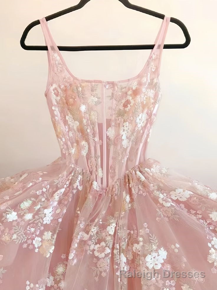 Modest A line Square Neckline Sleeveless Pink Floral Lace Floor Length Prom Dresses