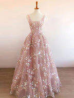Modest A-Line Square Neckline Sleeveless Pink Floral Lace Floor Length Prom Dress