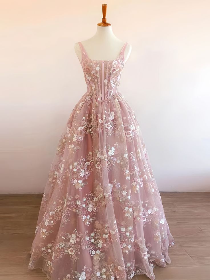 Modest A-Line Square Neckline Sleeveless Pink Floral Lace Floor Length Prom Dress