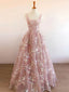 Modest A-Line Square Neckline Sleeveless Pink Floral Lace Floor Length Prom Dress
