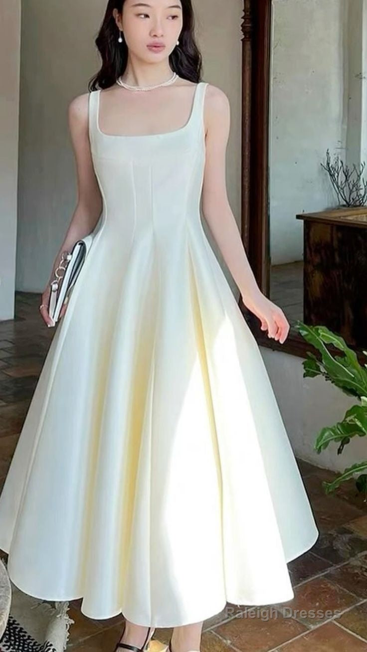 Sky Blue Straps Square Neckline Tea Length Formal Dresses