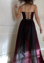 Modest A-Line Strapless Burgundy Tulle Beads Long Prom Dresses Prom Dress