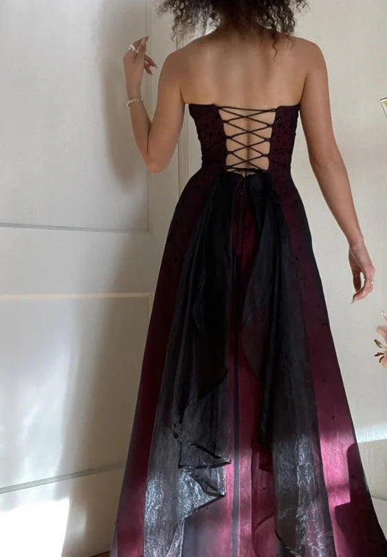 Modest A-Line Strapless Burgundy Tulle Beads Long Prom Dresses Prom Dress