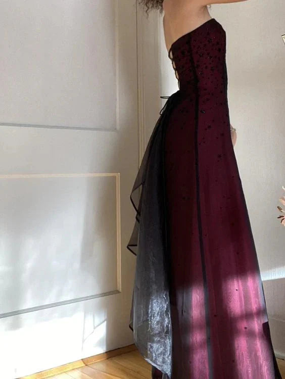 Modest A-Line Strapless Burgundy Tulle Beads Long Prom Dresses Prom Dress