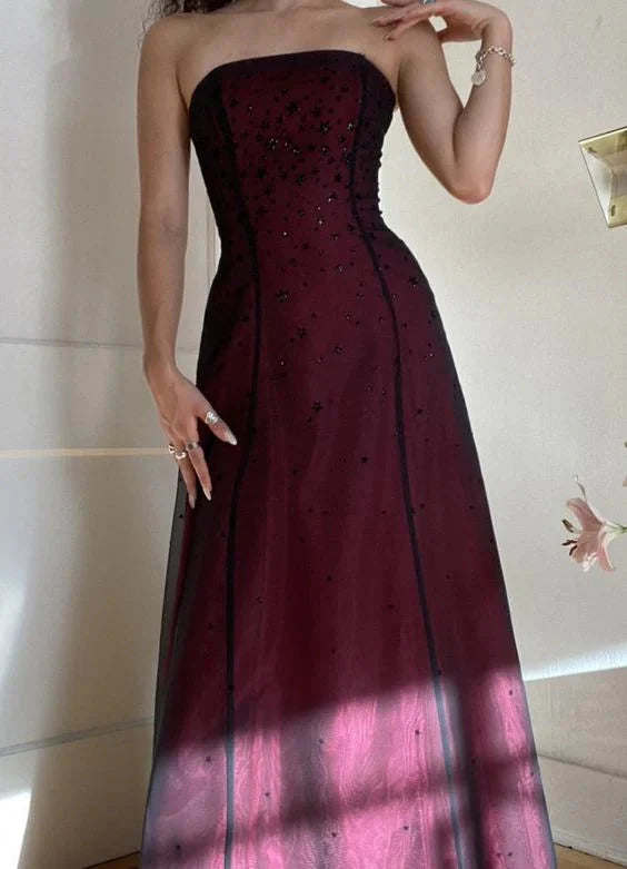 Modest A-Line Strapless Burgundy Tulle Beads Long Prom Dresses Prom Dress