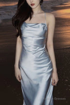 Modest A-Line Strapless Light Sky Blue Backless Prom Dresses