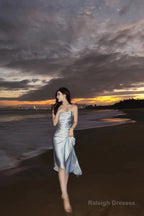 Modest A-Line Strapless Light Sky Blue Backless Prom Dresses