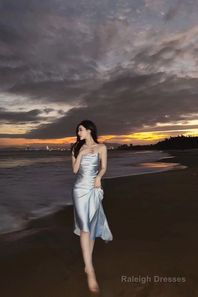 Modest A-Line Strapless Light Sky Blue Backless Prom Dresses