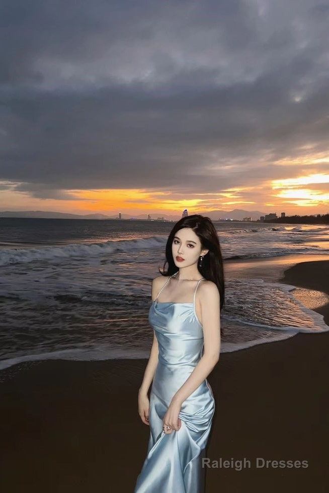 Modest A-Line Strapless Light Sky Blue Backless Prom Dresses