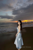 Modest A-Line Strapless Light Sky Blue Backless Prom Dresses