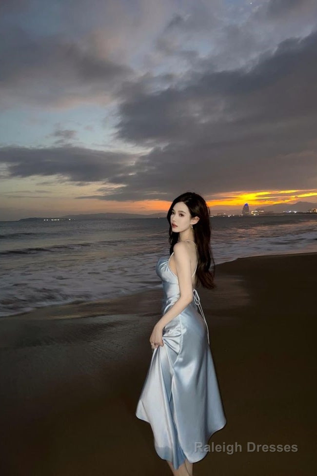 Modest A-Line Strapless Light Sky Blue Backless Prom Dresses