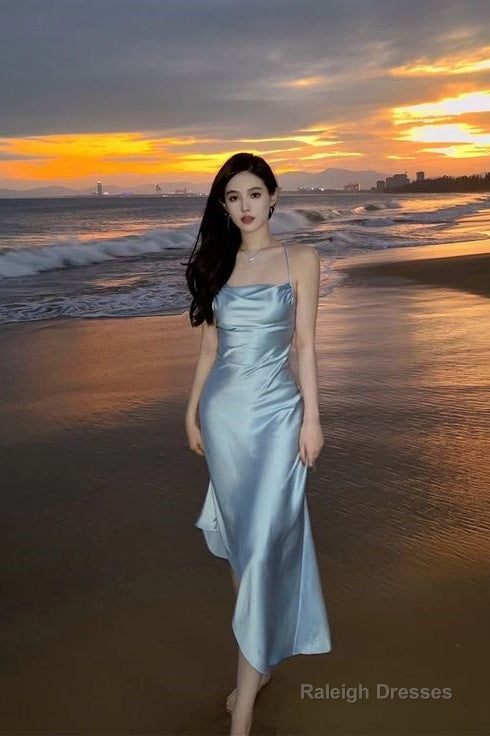 Modest A-Line Strapless Light Sky Blue Backless Prom Dresses