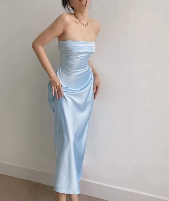 Modest A-Line Strapless Long Light Sky Blue Satin Prom Dresses