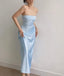 Modest A-Line Strapless Long Light Sky Blue Satin Prom Dresses