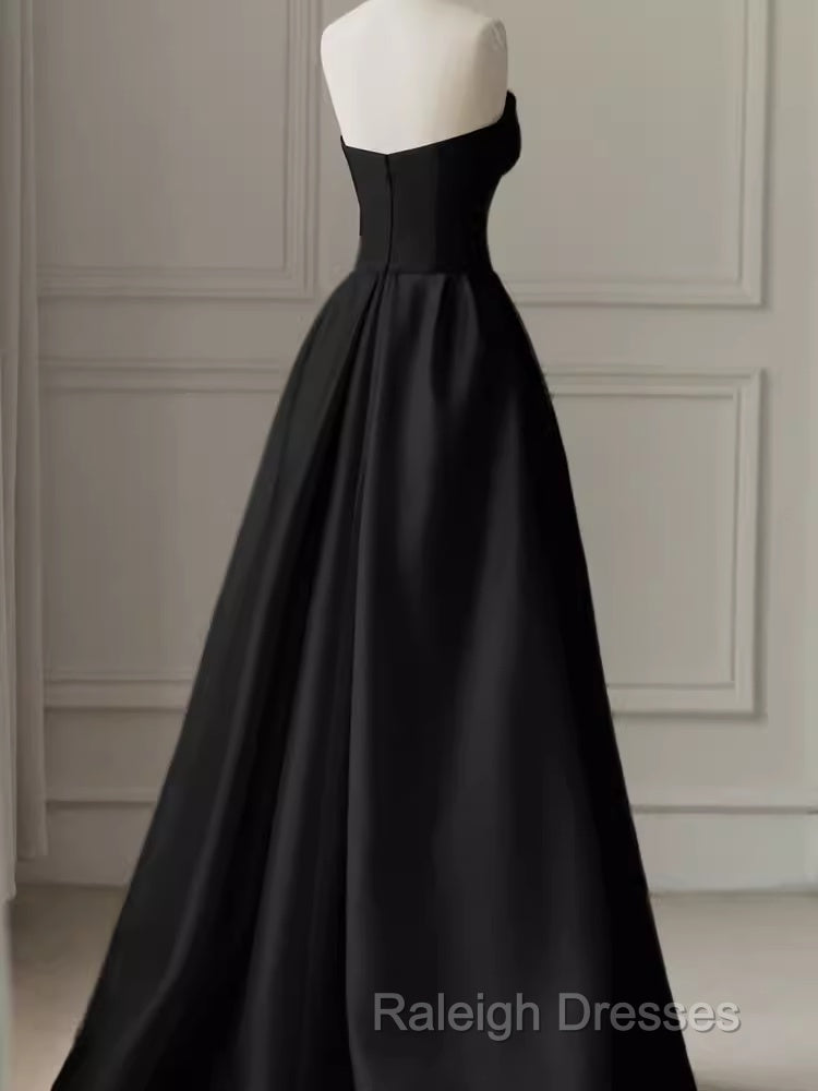 Modest A Line Strapless Long Satin Black Prom Dresses