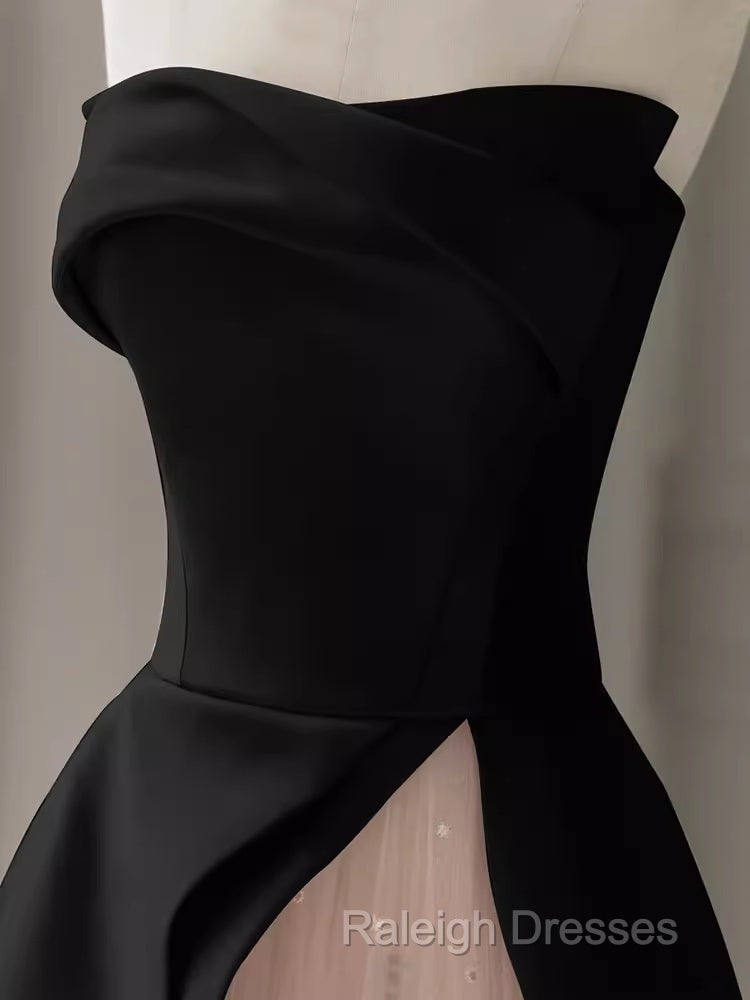 Modest A Line Strapless Long Satin Black Prom Dresses