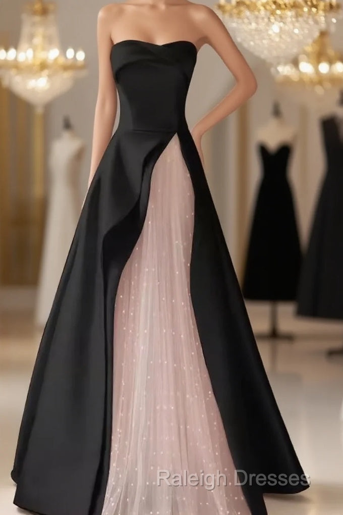 Modest A Line Strapless Long Satin Black Prom Dresses Main image