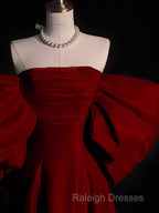 Modest A Line Strapless Long Short Sleeves Satin Red Prom Dresses