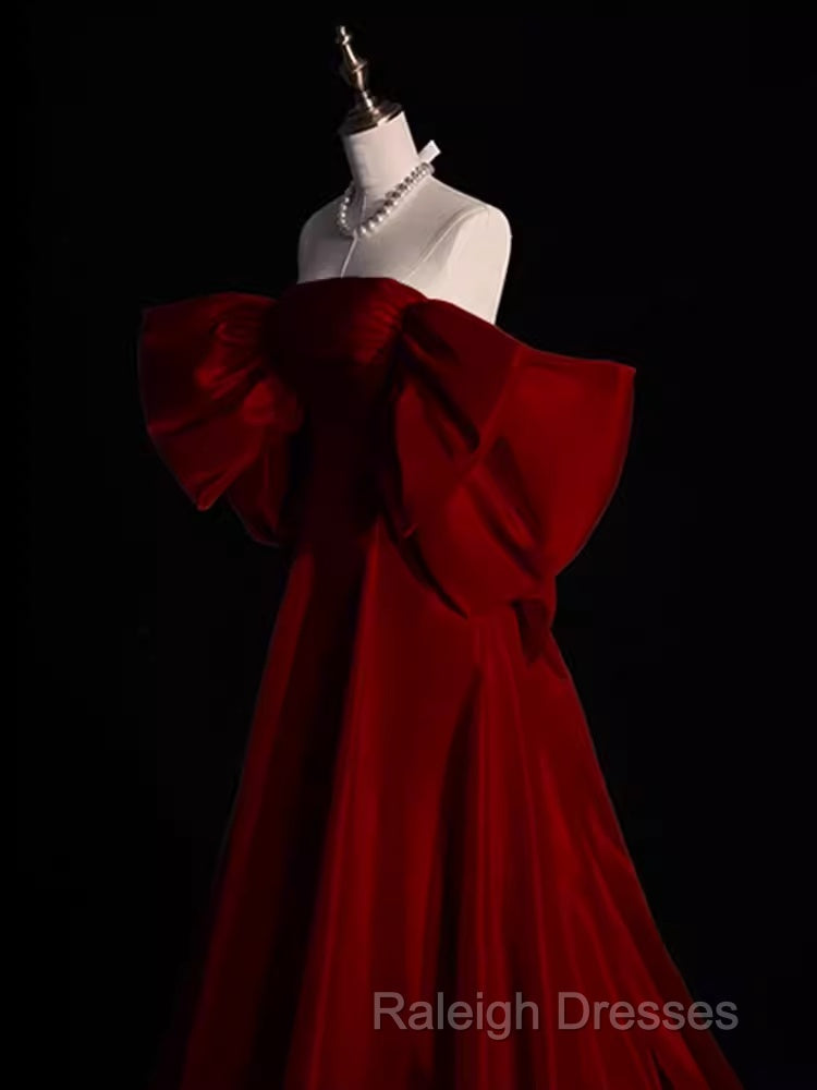 Modest A Line Strapless Long Short Sleeves Satin Red Prom Dresses