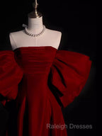 Modest A Line Strapless Long Short Sleeves Satin Red Prom Dresses