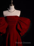 Modest A-Line Strapless Long Short Sleeves Satin Red Prom Dress