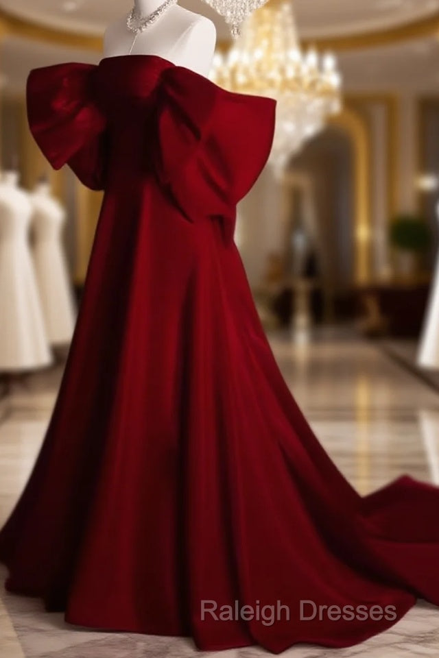 Modest A Line Strapless Long Short Sleeves Satin Red Prom Dresses Main image
