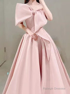 Modest A Line Strapless Long Sleeveless Satin Pink Prom Dresses