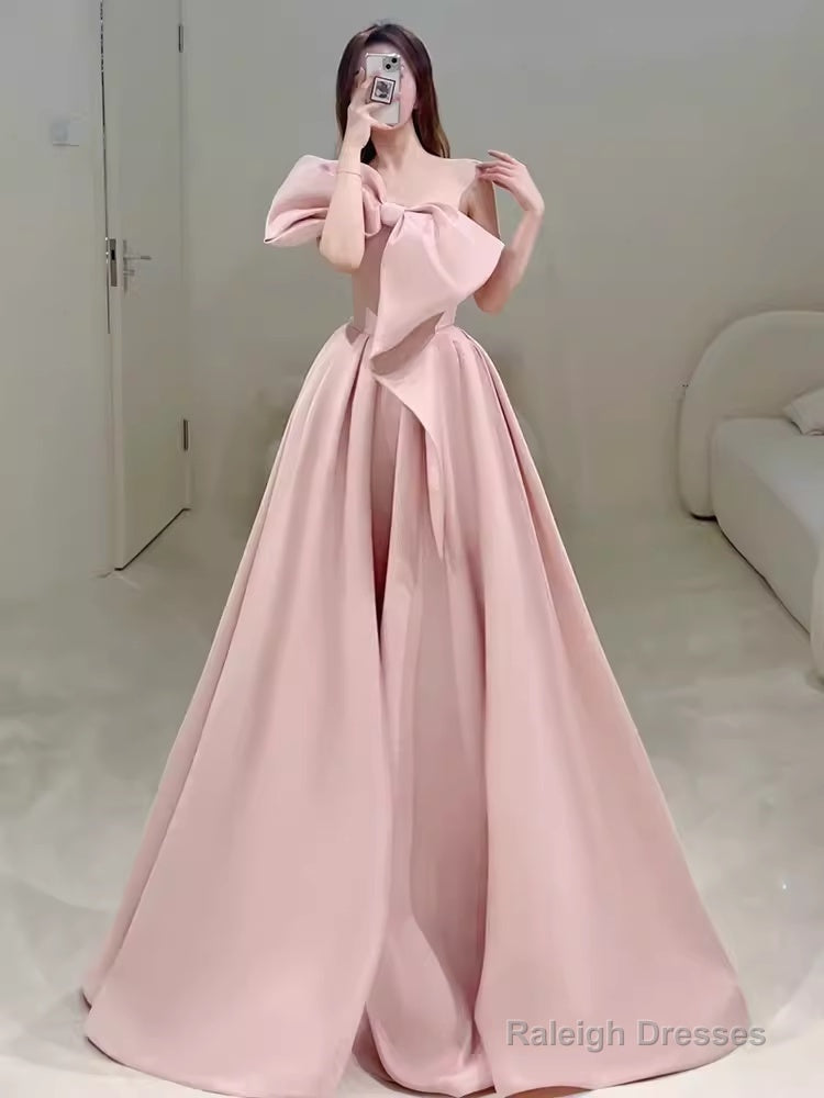 Modest A Line Strapless Long Sleeveless Satin Pink Prom Dresses Main image
