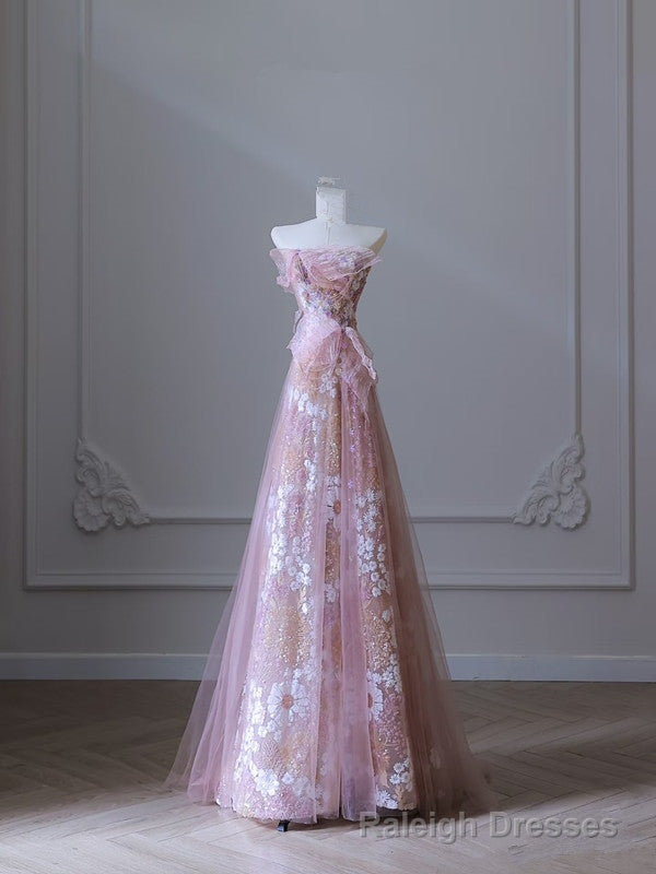 Modest A Line Strapless Pink Tulle Flowers Evening Dress Prom Dresses Main image
